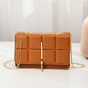 Plaid Embossed Small Square Bag Solid Color Tassel Big Chain Mobile Phone Bag