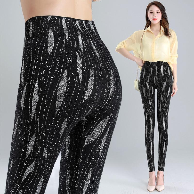 High Waist Large Print Plus Fleece Thickened Elastic Tights