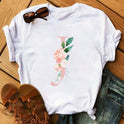 Letter Flower Women INS26 Letter Flower Print Casual T-shirt