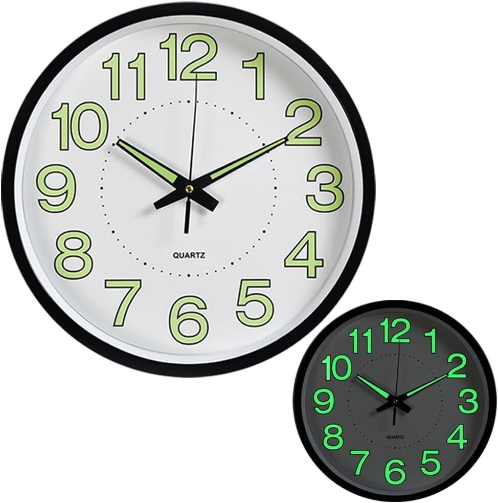 12'' Wall Clock Large Quartz Silent Luminous Glow In The Dark Indoor Home Office