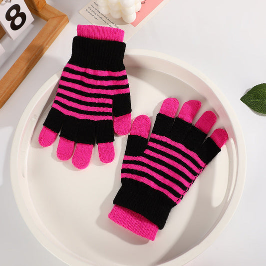 Striped Gloves Double Layer Keep Warm And Cold Protection In Winter