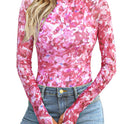 Floral Mesh Round Neck Long Sleeve Mesh With Thumb Hole Fashion Autumn Undershirt