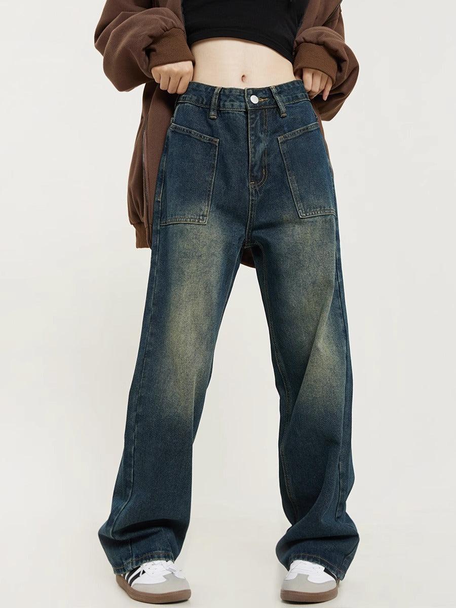 Antique Dark Blue Yellow Mud Color Washed Distressed Straight Jeans