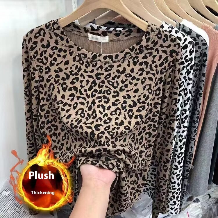 Fashionable Leopard Print Long Sleeve All-match Round Neck Bottoming Shirt