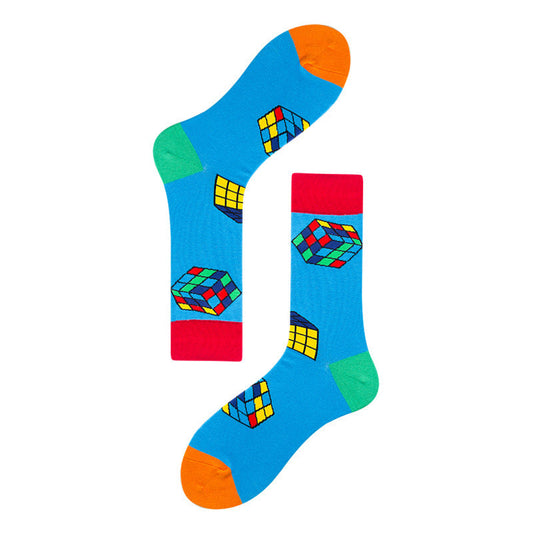 Men's Mid-calf Colorful Cubic Guitar Cat Face Cotton Socks