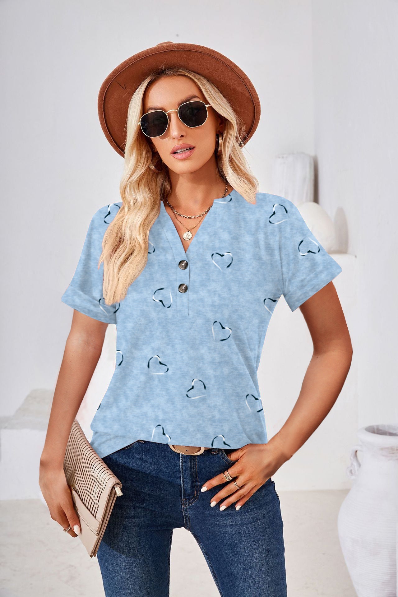 Women's Fashion Casual Printing Button V-neck T-shirt