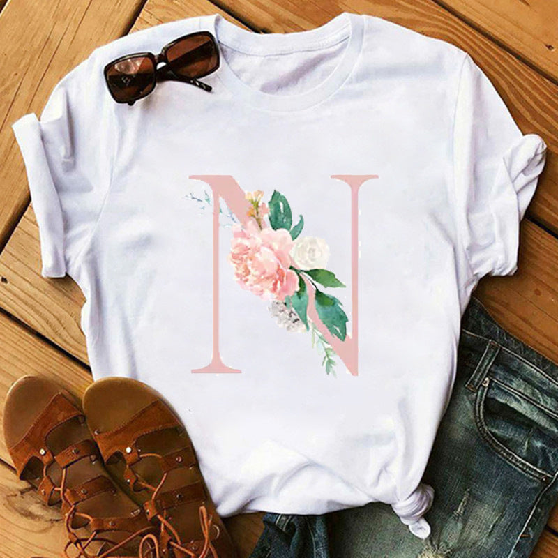 Letter Flower Women INS26 Letter Flower Print Casual T-shirt