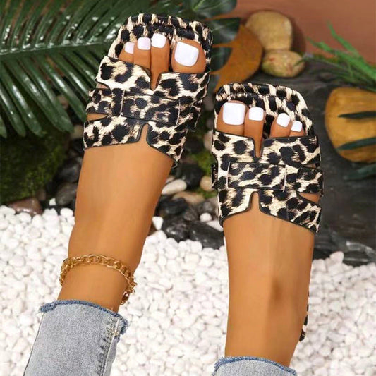 Summer New Plus Size Leopard Print Square Toe Women's Slipper Simple Casual Suitable For Daily Wear PU Sandals