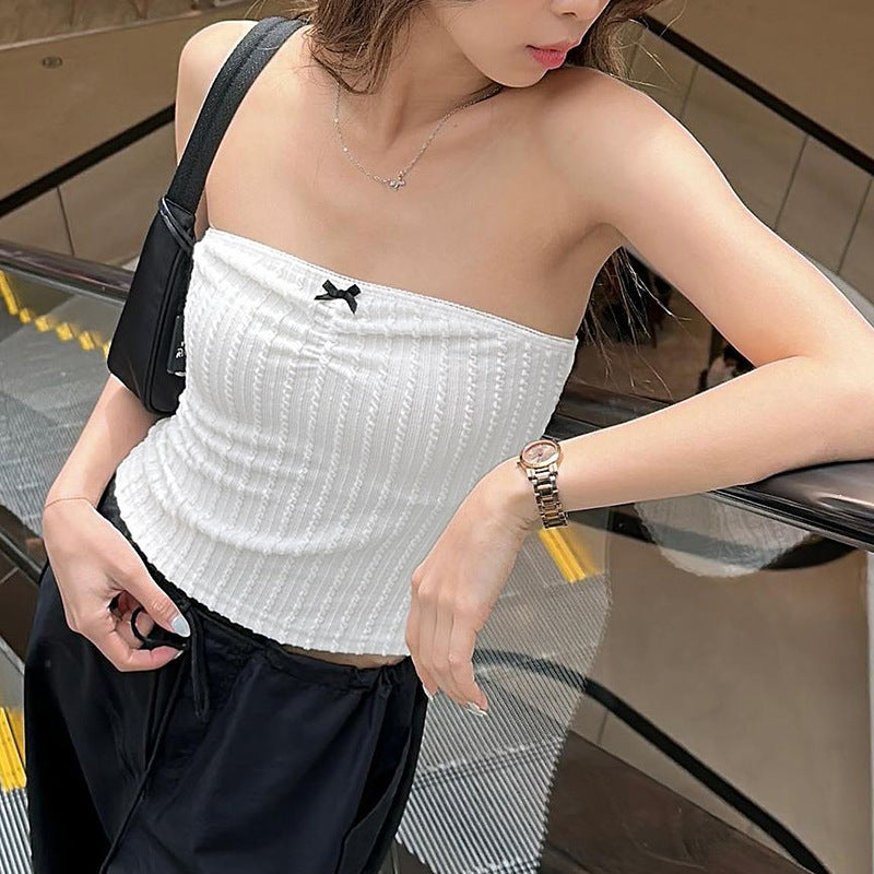 Little Woman Bow Stitching Pure Color Tube-top Top