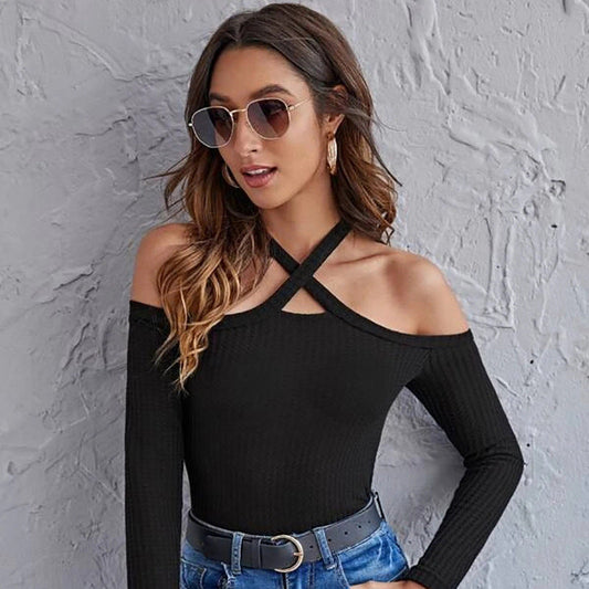 Sexy One-line Neck Strapless Cross Halter Bottoming Sweater Women