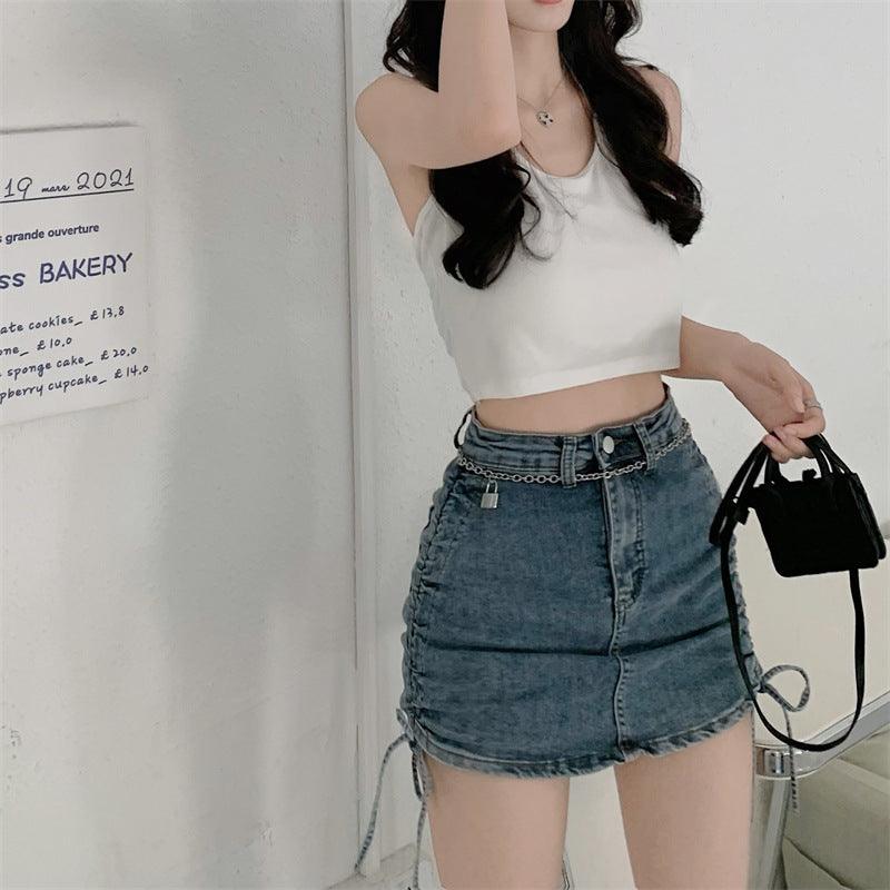 A-line Skirt High Waist Bag Hip Drawstring Denim Skirt