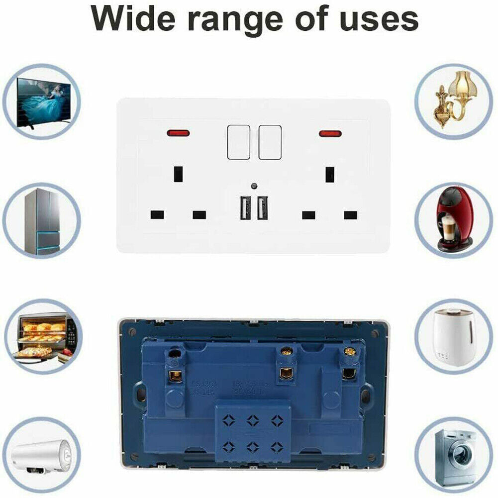 Double Wall Plug Socket 2 Gang 13A W 2 Charger USB Outlets Flat  UK