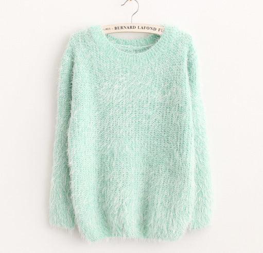Women's Clothing Super Soft Candy Color No Pilling Mohair Crew Neck Pullover Sweater