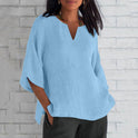 Three-quarter Sleeve Cotton And Linen V-neck Top Split Women's Clothing