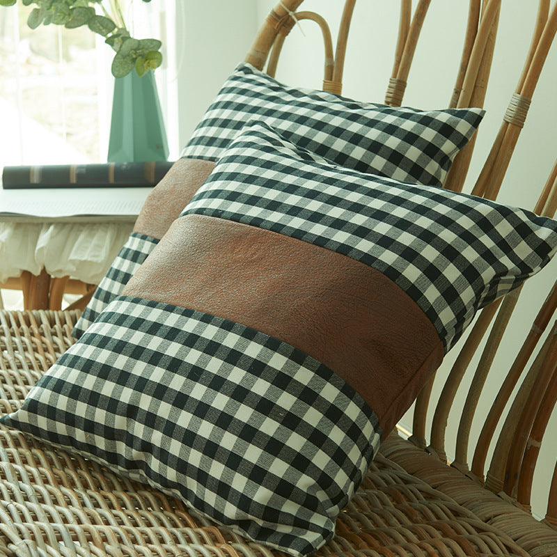 Simple Small Plaid Leather Splicing Pillow Cover Is Comfortable