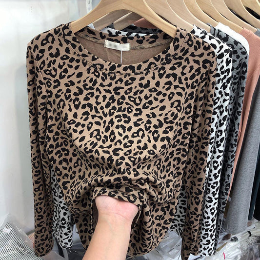 Fashionable Leopard Print Long Sleeve All-match Round Neck Bottoming Shirt