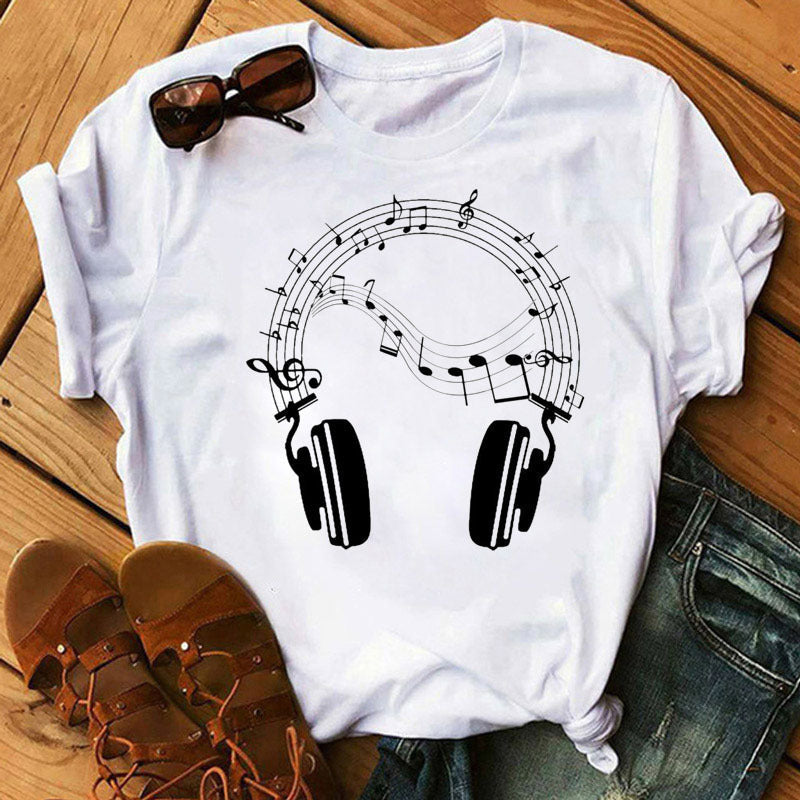 Large Size Women's Music Note Printing Kawaii Top Female Wholesale Supply Round Neck Short Sleeve T-shirt Female