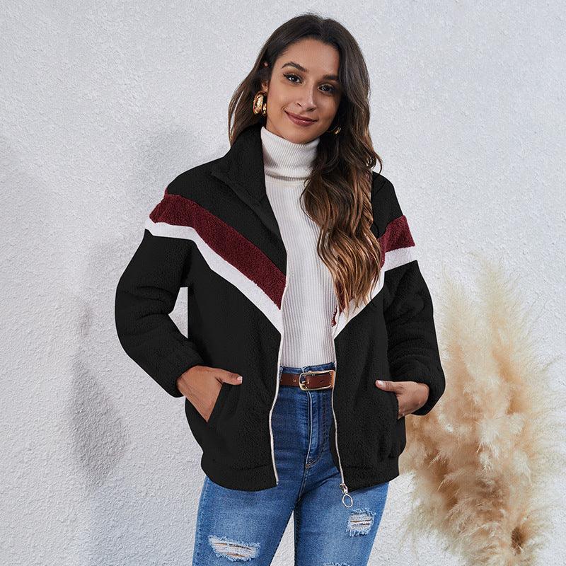 High Neck Stitching Striped Pocket Zipper Plush Jacket