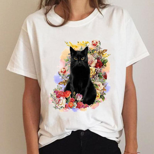 Women's Short Sleeve Cat Print